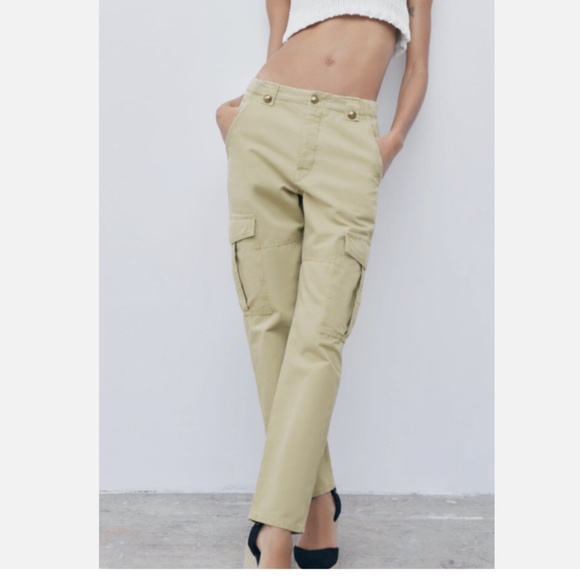 Zara High Waist Cargo Pants w/Button Fly Straight Leg Sz M Khaki - Picture 1 of 9